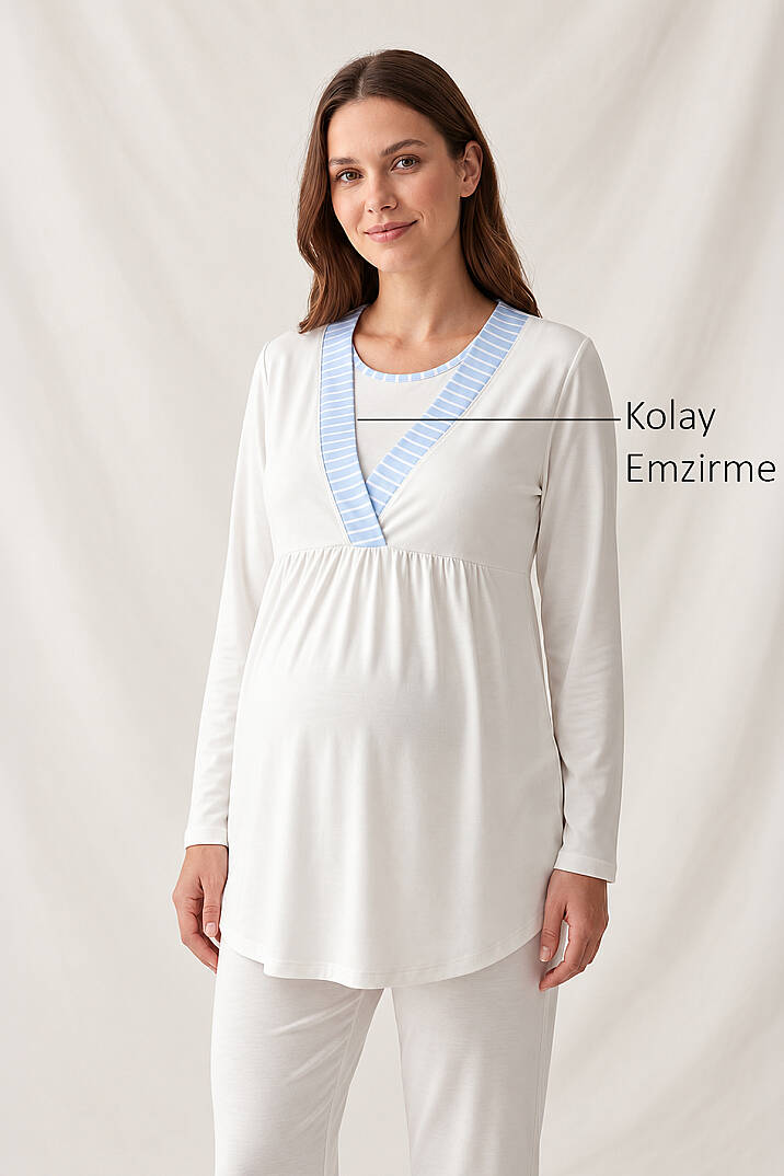 Gizli Emzirmeli Sabahlıklı Hamile Lohusa Pijama Takımı Mavi - 3