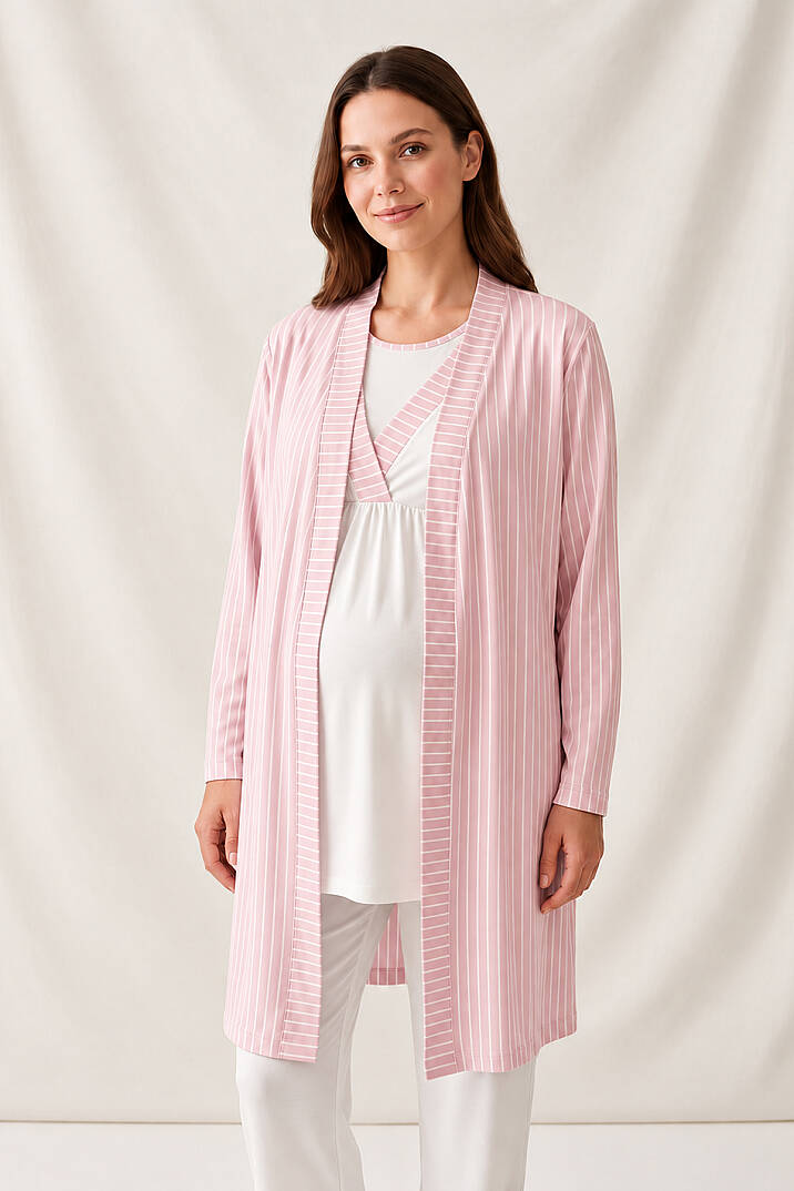 Gizli Emzirmeli Sabahlıklı Hamile Lohusa Pijama Takımı Pembe - 1