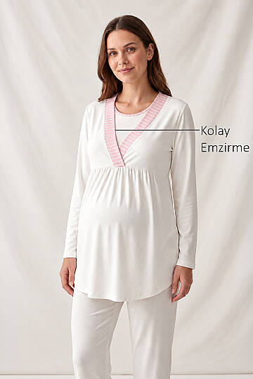 Gizli Emzirmeli Sabahlıklı Hamile Lohusa Pijama Takımı Pembe - 3