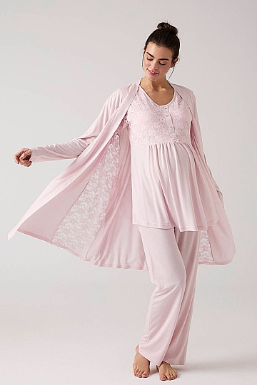 Sabahlıklı Hamile Lohusa Pijama Takımı Pudra