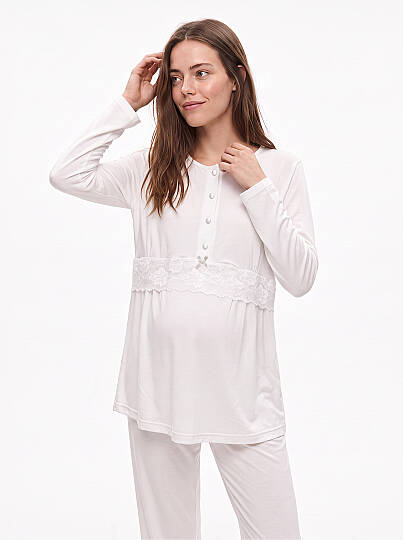 Saten Düğmeli Sabahlıklı Hamile Pijama Takımı Gri Desenli - 2