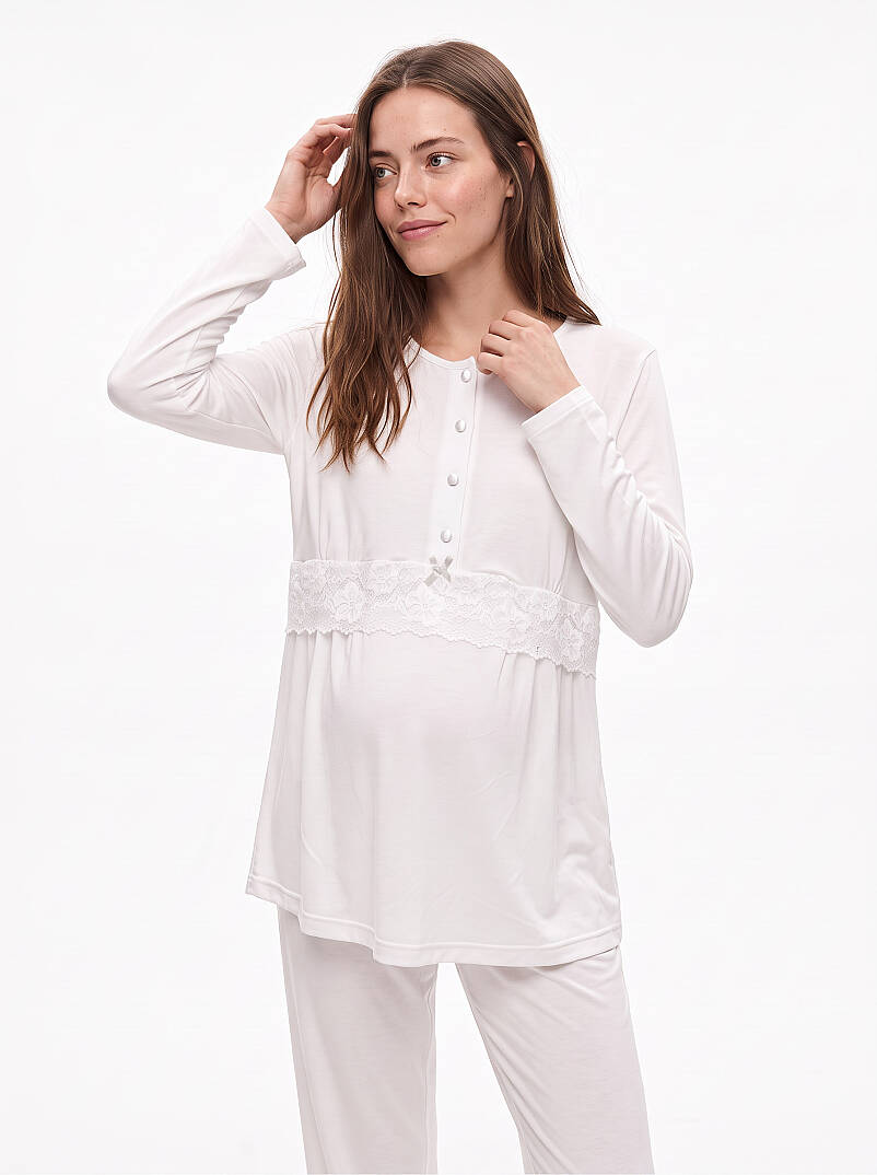 Saten Düğmeli Sabahlıklı Hamile Pijama Takımı Gri Desenli - 2